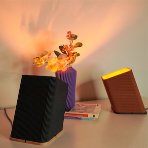 May include: Two black and brown cardboard lamps with a vase of pink and yellow flowers on a white table.