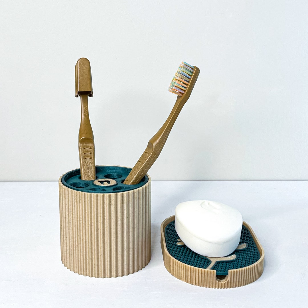 Soap Dish and Toothbrush Holder Wood Infused Bathroom Organizer