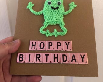 Frog hoppy birthday card - crochet frog