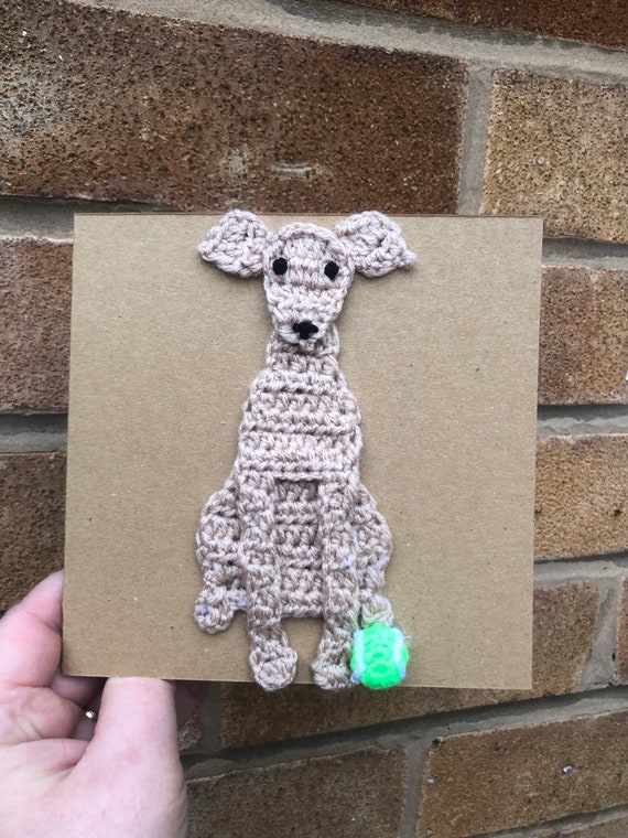 Whippet/greyhound/lurcher greeting card FIRST CLASS POSTAGE option - brindle grey cream  black - crochet card - appliqué - dog with ball