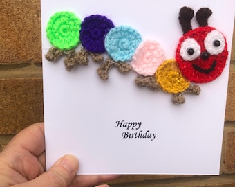 Caterpillar crochet Birthday Card: Handmade 3D Appliqué