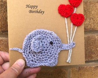 Elephant with heart balloons birthday card