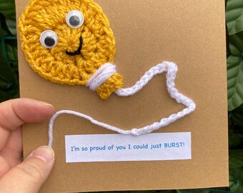 So proud of You I could just burst! Crochet balloon handmade card. Can be personalised with a name of your choice to add to my text