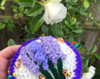 Pincushion lavender appliqué with bee embellishments - embroidery - sewing - needlework- crafting - crochet gift - pins