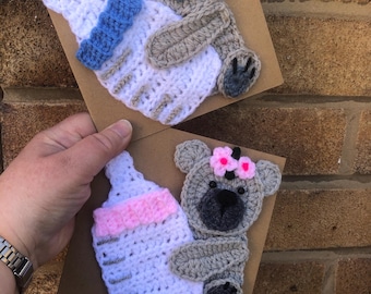 Baby bear with bottle - pink or blue - crochet card - unique - new baby - new arrival