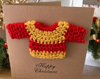 Christmas jumper Christmas card - crocheted in glitter yarn and hand stamped happy Christmas - yellow and gold - Kraft card