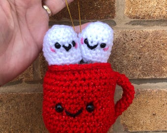Hot chocolate & marshmallows Christmas tree decoration glittery mug cheeky faces