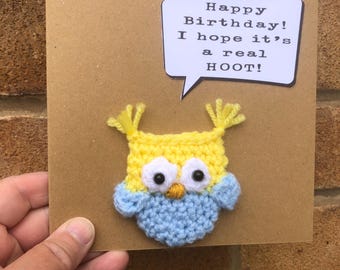 Crochet Owl Birthday Card: Quirky Handmade Greeting with Envelope