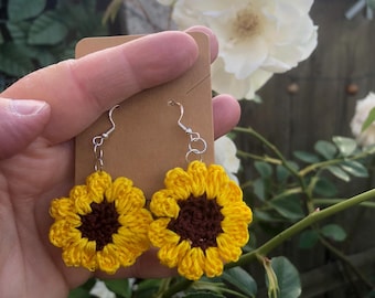 Sunflower crochet earrings - dangly earrings mounted on an earring card