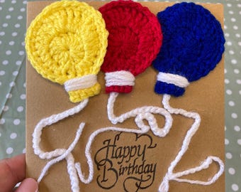 Balloon crochet card - happy birthday - colourful crochet balloons hand stamped happy birthday