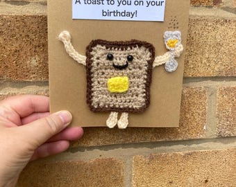 Toast to you handmade crochet card - smiley toast slice with wine glass