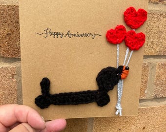 Dachshund wedding anniversary card - dachshund holding a bunch of heart balloons