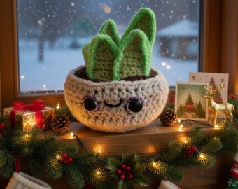 Pot plant silver grey pot crochet display (not a toy) smiley face