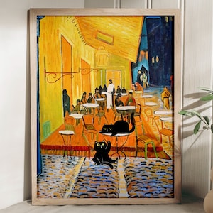 Van Gogh Cat Print, Café Terrace at Night Cat Poster, Cat Art, Animal Poster, Wall Art, Poster Gift Idea, Floral Print, Wall Art Decor