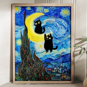 May include: A framed print of a reimagined "Starry Night" by Van Gogh, with two black cats set against a swirling blue and yellow night sky. One cat sits on a crescent moon. The artwork is presented in a light-coloured wooden frame.