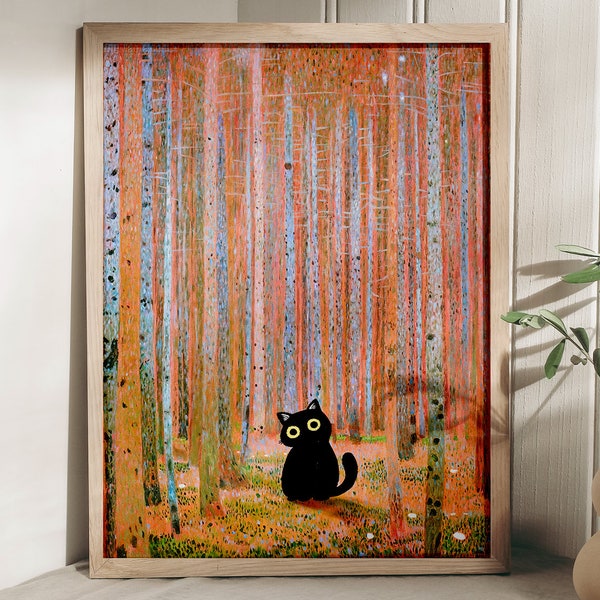 Gustav Klimt Cat Print, Pine Forest Cat Poster, Cat Art, Animal Poster, Wall Art, Poster Gift Idea, Floral Print, Wall Art Decor