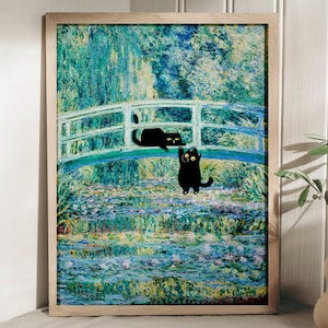睡蓮の池にかかる橋の猫のプリント、クロード・モネの猫のポスター、猫のアート、動物のポスター、壁アート、ポスターのギフトのアイデア、壁アートの装飾