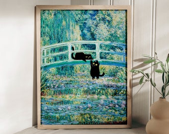 May include: A framed painting of a blue and green landscape with a white bridge and two black cats. The cat on the bridge is looking back at the cat on the ground.
