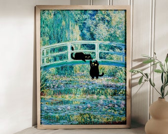 Bridge over a Pond of Waterlilies Cat Print, Claude Monet Cat Poster, Cat Art, Animal Poster, Wall Art, Poster Gift Idea, Wall Art Decor