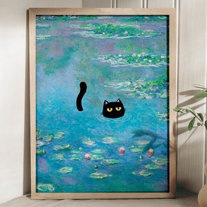 Monet Waterlily Cat Print, Claude Monet Cat Poster, Cat Art, Animal Poster, Wall Art, Poster Gift Idea, Floral Print, Wall Art Decor