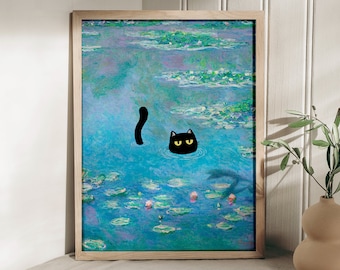 Impression de chat nénuphar de Monet, affiche de chat de Claude Monet, art de chat, affiche animale, art de mur, idée de cadeau d'affiche, impression florale, décor d'art de mur