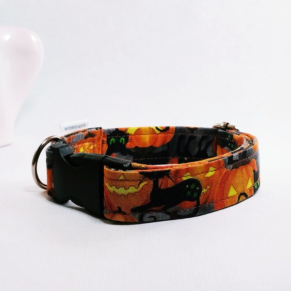 Halloween Dog Collar: Handmade & Adjustable with Orange Pumpkins and Cats. Solded D-Ring, Trendy Gift for Girl/Boy Pets. MiPerritoAlfito