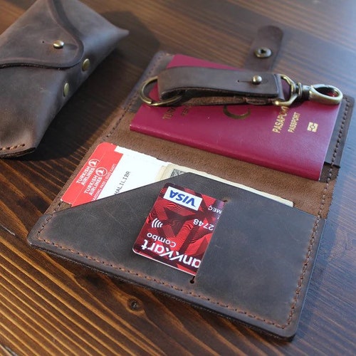 Glasses outlet Case, Passport Wallet, Keychain Handmade Leather Triple product