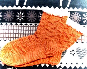 hand knit socks, womens socks, size 39 EU, orange socks, winter socks