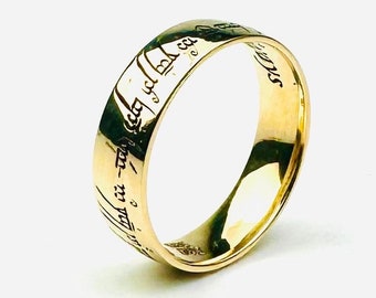 14k Solid Gold Custom Elvish Engraved Ring•Personalized Sauron Wedding One Band•Engagement Elf•Handmade Summer Fine Jewelry Gift for Her Him