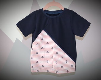 Lüddjen - shirt short-sleeved with anchor, stripes for children pink and navy blue