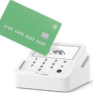 May include: A green credit card with white numerals and a chip hovers above a white payment terminal. The terminal features a keypad and a screen with a contactless payment symbol. The brand name "sumup" is visible.