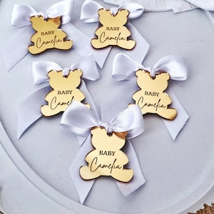 Etichetta a specchio in acrilico con orsetto di peluche, etichetta per baby shower, grazie mille, regalo personalizzato, compleanno con orsetto di peluche, etichetta con orsetto di peluche, nome del bambino