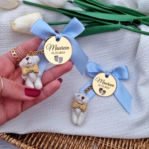 Etichette portachiavi orsetto, bomboniere per baby shower orsetto, non possiamo aspettare, grazie mille, portachiavi con etichetta regalo di benvenuto