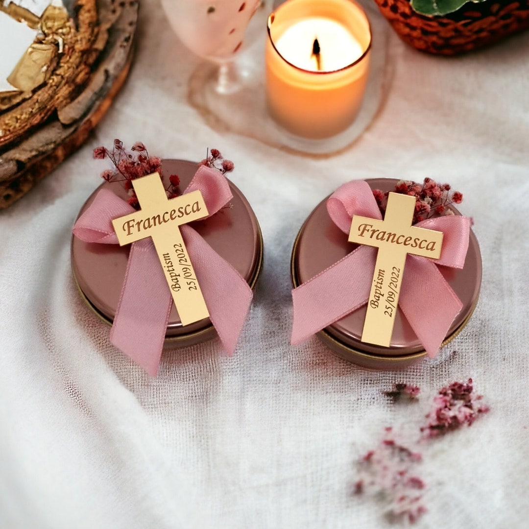Rose Gold Custom Baptism Candle Favors, Christening Candle