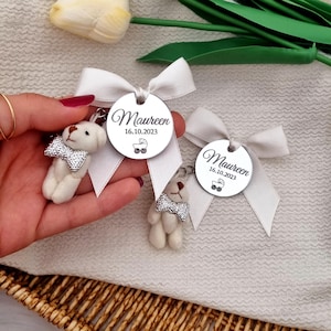 Etichette portachiavi orsetto, bomboniere per baby shower orsetto, non possiamo aspettare, grazie mille, portachiavi con etichetta regalo di benvenuto