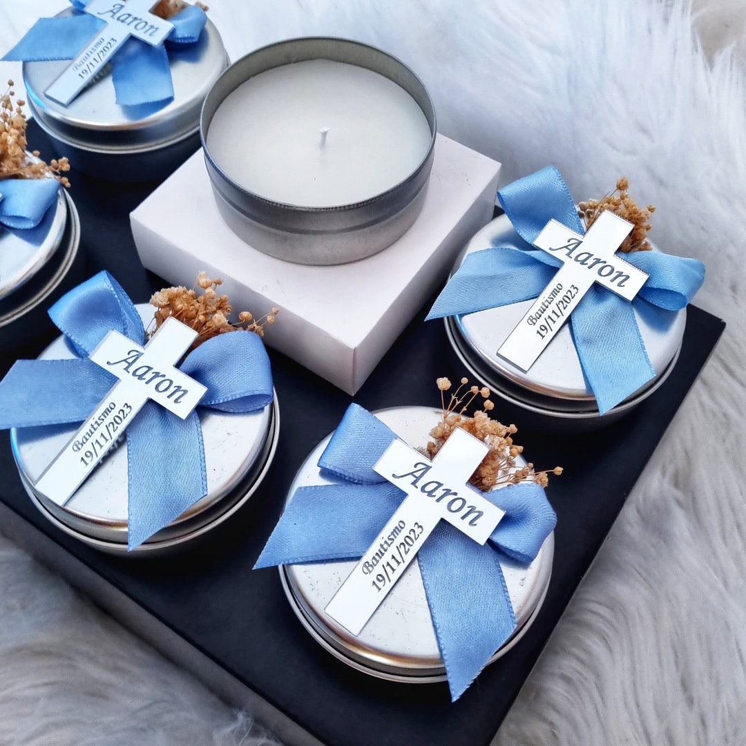 Silver Custom Baptism Candle Favors, Christening Candle, Personalized
