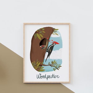 Poster "WOODPECKER", digital illustration printable for bird lovers, room decor, card, poster, mug, t-shit…