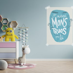 Poster di illustrazione digitale pronto per stampare lettere bianche "Yo Mataré Monstruos por Ti", arredamento della camera, stampabile per biglietto, poster, tazza, t-shit...