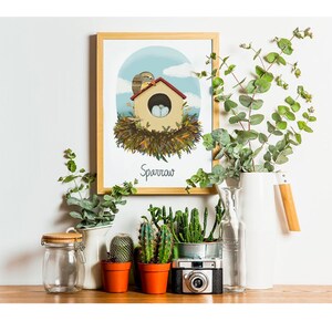 Poster "SPARROW", digital illustration printable for bird lovers, room decor, card, poster, mug, t-shit…