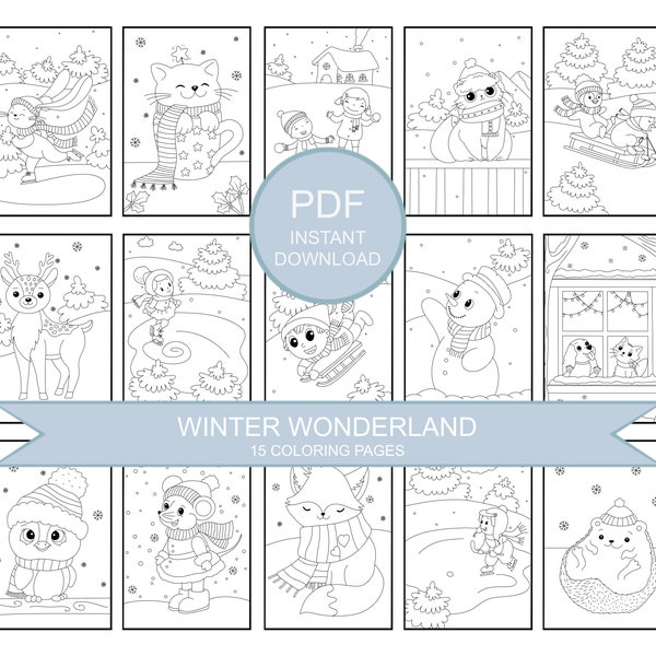 Winter Coloring Pages For Kids - Winter Coloring Book - Snowman, Ice Skating, Snow, Deer and more - Winter Wonderland