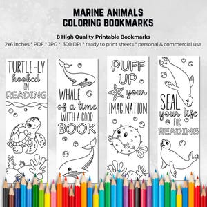 Puede incluir: Ocho marcadores imprimibles en blanco y negro con animales marinos. Los marcadores miden 5,1 cm por 15,2 cm e incluyen una tortuga, una ballena, un pez globo y una foca. El texto en los marcadores dice "Turtle-ly hooked on reading", "Whale of a time with a good book", "Puff up your imagination", y "Seal your life for reading".