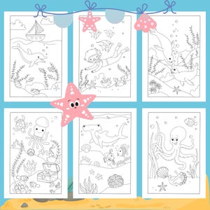 Puede incluir: P&aacute;ginas para colorear en blanco y negro con varias criaturas marinas, incluyendo un delf&iacute;n, un buzo, focas, un tibur&oacute;n martillo, un pulpo, una medusa y una tortuga. Las p&aacute;ginas est&aacute;n decoradas con estrellas de mar y algas.