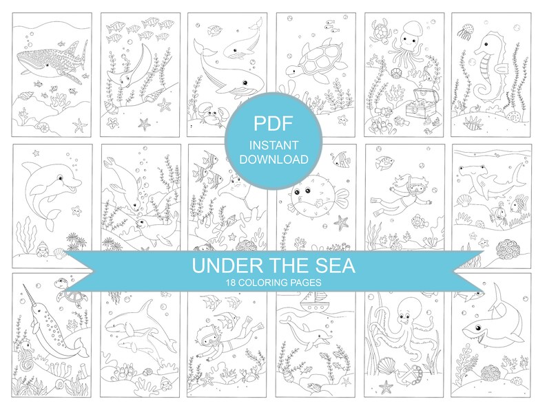 Puede incluir: Un conjunto de 18 p&aacute;ginas para colorear con varias criaturas marinas, incluyendo un tibur&oacute;n, un delf&iacute;n, un pulpo, un caballito de mar y una tortuga. Las p&aacute;ginas son en blanco y negro y est&aacute;n listas para ser coloreadas.