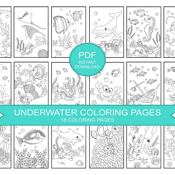 Underwater Coloring Pages Printable, Ocean Coloring Pages, Sea Animals Coloring Book, Shark, Under the Sea Game Activity, PDF DIGITAL