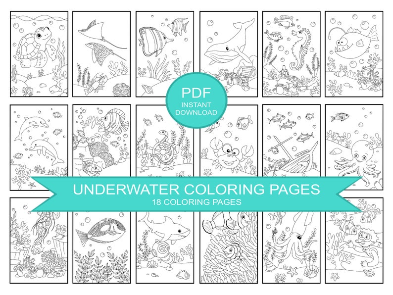 Unterwasser Malseiten, Malseiten, Meerestiere, Malbuch, Hai, Ausmalbilder, Meer, Malbuch, PDF DIGITAL Bild 5