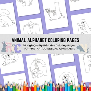 Animal Alphabet Coloring Pages - Instant Download - Educational Activity for Kids - Printable - Animal Coloring - Alphabet Coloring