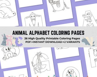 Tiere Alphabet Malseiten - sofortiger Download - Lernaktivität für Kinder - Printable - Tierfarbe - Alphabet Färbung