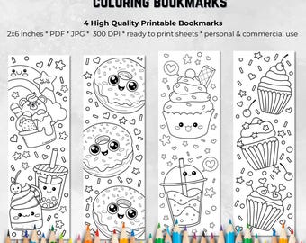 Afdrukbare kawaii-lekkernijen kleurplaat bladwijzers voor volwassenen en kinderen, lezen, kawaii kleurplaat bladwijzers, kleur zelf, bladwijzers voor kinderen