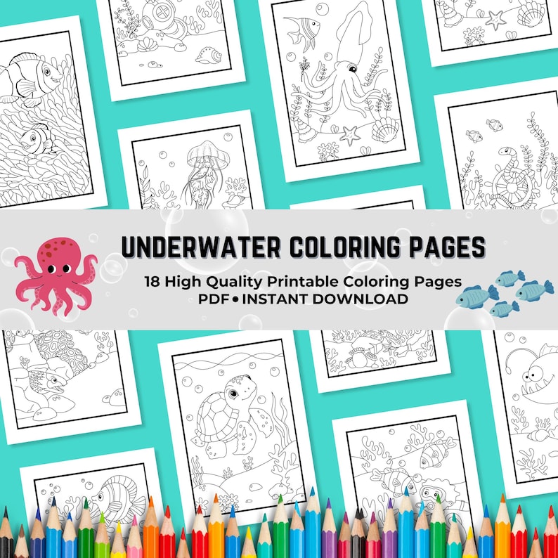 Unterwasser Malseiten, Malseiten, Meerestiere, Malbuch, Hai, Ausmalbilder, Meer, Malbuch, PDF DIGITAL Bild 1