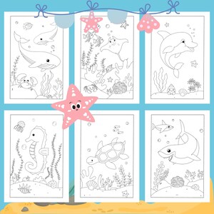 Puede incluir: P&aacute;ginas para colorear en blanco y negro con varias criaturas marinas, incluyendo una ballena, un delf&iacute;n, un caballito de mar, una tortuga y un tibur&oacute;n. Cada p&aacute;gina tiene un dise&ntilde;o simple con los contornos de los animales y las algas marinas circundantes.